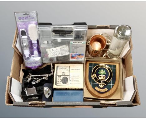 A box containing watch makers tool, pedicure set, Minicraft hobby kit, framed oak plaque etc.