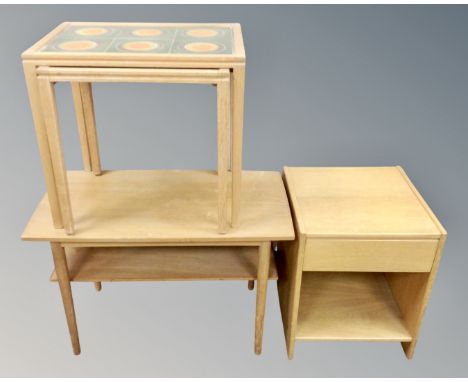 A nest of two tiled topped oak tables, further coffee table and a lamp table fitted a drawer 