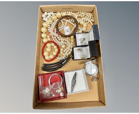 An Alpine pocket watch, costume pearl necklaces, watch straps, wire, bar brooch etc.