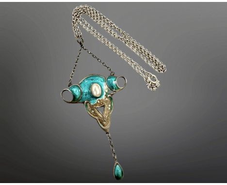 An Art Nouveau silver and enamelled pendant inset with a pearl, top of pendant to droplet 59mm, on associated silver chain.  