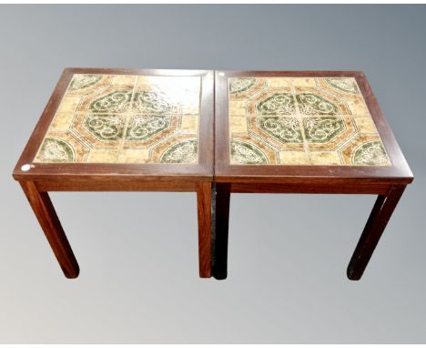 A pair rosewood effect tile topped square lamp tables. (width 49cm)