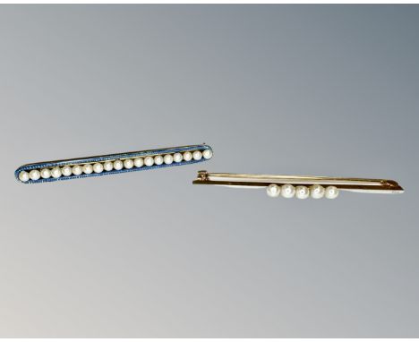 An 18ct yellow gold and platinum pearl set bar brooch, width 45 mm, together with a 14ct yellow gold pearl set bar brooch. (2