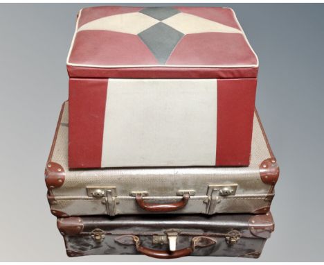 Two vintage luggage cases and a storage footstool.
