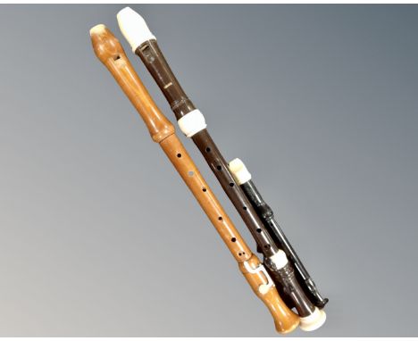 A Dolmetsch recorder together with two further wind instruments by Yamaha and Adler.