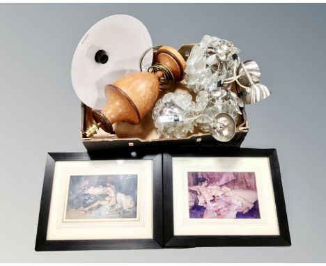 A box containing three contemporary lights with glass droplets, a further table lamp and two framed William Russell Flint pri