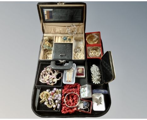 A tray containing contemporary jewellery box containing costume jewellery, bead necklaces, pendants, lady's wristwatch, toget