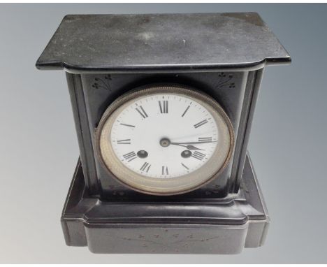 A Victorian slate mantel clock. (width 18cm)