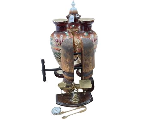 Garniture of three hand painted vases, vintage hat stretcher, set of postal scales, Ruhla pocket watch and tongs.
