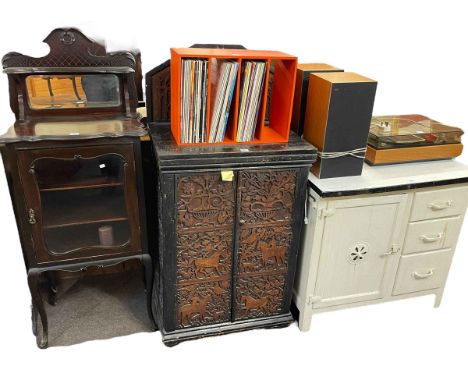 Slim oak glazed door bookcase, Edwardian mahogany glazed door music cabinet, carved two door cupboard and vintage kitchen cab