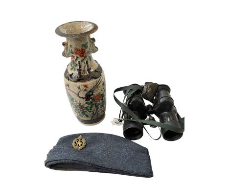 British Army Auimo binoculars, RAF cap, and Chinese vase (3).