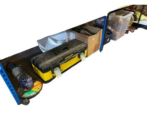 Collection of electrical tools including mitre saw, angle grinder, etc.