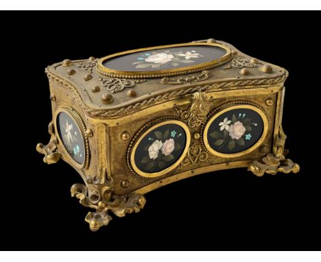 Continental gilt casket with Pietra Dura oval panels, 16.5cm across at feet.
