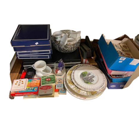 Silk and other cigarette cards, china plates, drawing instruments, vintage fishing rods, rug frame, records, etc.