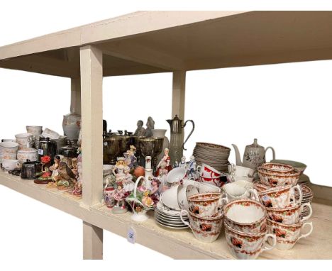 Royal Albert teaware, pair of Staffordshire dogs, figurines, plated ware, Noritake teaware, large vase, etc.