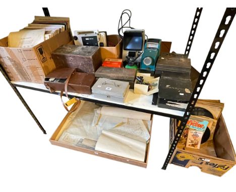 LP records, 78's and vintage electrical equipment, tin boxes, maps, etc.