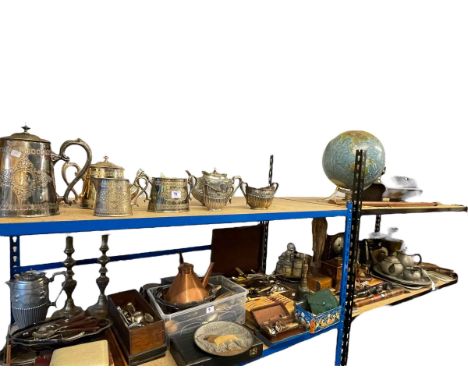 Full shelf of metalwares including Liberty pewter tea set, cutlery, two tea sets, 19th Century tea caddy, mantel clock, kitch