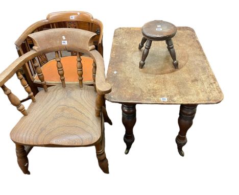 Set of four vintage Ercol dining chairs, Captains chair, Edwardian inlaid mahogany occasional chair, milking stool and turned