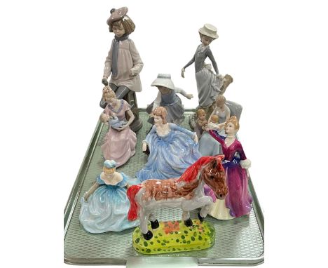 Eight figures by Lladro, Royal Doulton, Coalport, Nao, etc and horse (9).