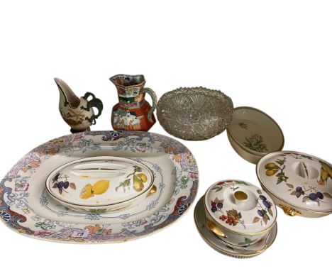 Large Victorian meat plate, Royal Worcester Evesham tureens, two cut glass fruit bowls and two jugs and barometer.