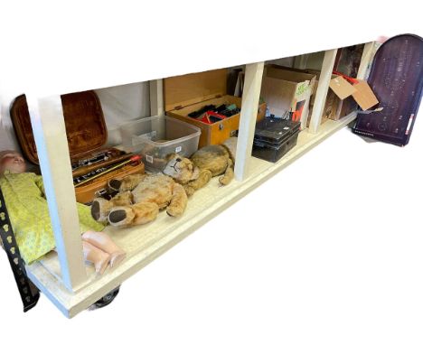 Collection of vintage toys and games, teddy bears, dolls, Giles books, marbles, bible, model railway, etc.