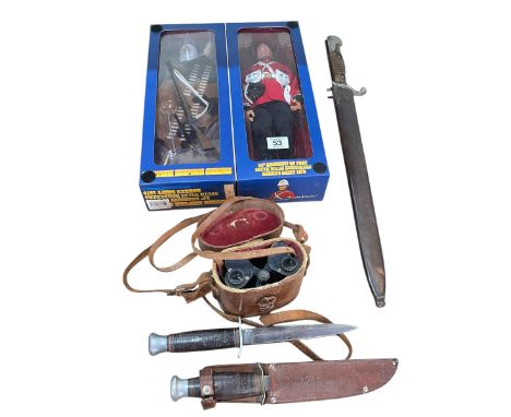 Goerz Berlin cased binoculars, bayonet and scabbard, two daggers and British Empire Series 'South Wales Borderers Action figu