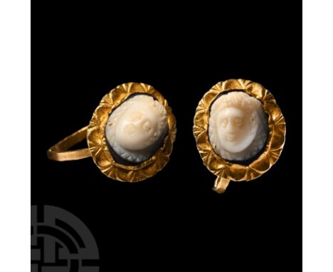 2nd-3rd century A.D. A gold finger ring with large cell forming the bezel, foliage detailing to the flared rim, inset cameo f