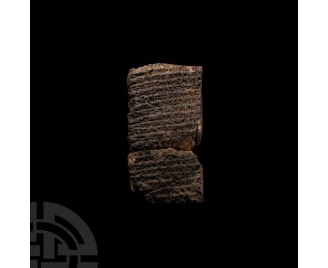 2nd millennium B.C.&nbsp;A roughly rectangular clay tablet bearing dense rows of cuneiform text to both principal faces and t