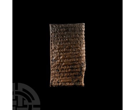 Circa 1730-1720 B.C.&nbsp;A rectangular bifacial clay tablet bearing cuneiform text to both principal faces and two side edge