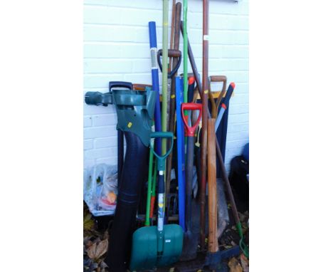 Garden tools, including spades, brushes, shovel, trestle, etc. (a quantity) 