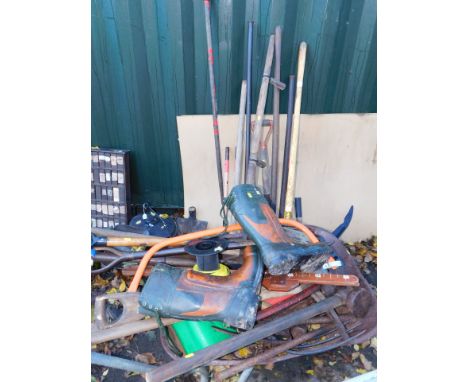 Garden tools to include forks, scythes, mallets, saw, etc. (a quantity) 