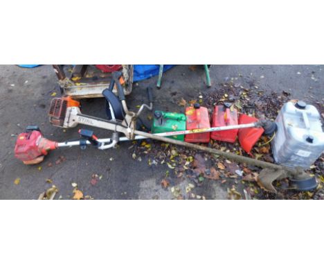 Two petrol long arm strimmers, together with three petrol cans and a can of engine oil. (6) 