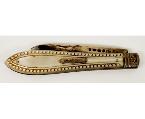 A silver and mother of pearl penknife, beaded decoration to handle, engraved M.E.H., blade stamped James Fenton, 15cm extende