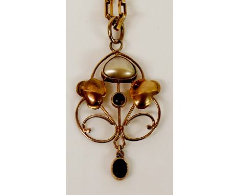 An Art Nouveau Murrle Bennet & Co 9ct gold pendant and chain, blister pearl and garnets, marked Murrle Bennet & Co and 9ct on