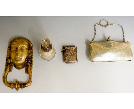 EPNS purse, Egyptian revival door knocker, silver vesta engraved with ivy and silver collared smelling salts bottle (4)