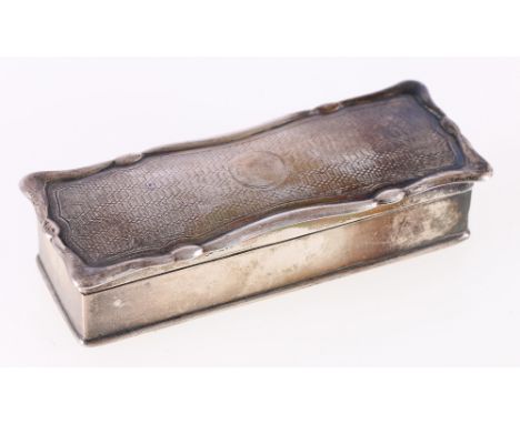 Edwardian serpentine rectangular silver snuff box with engine turned decoration, Birmingham 1905, Deakin & Francis, 85g.