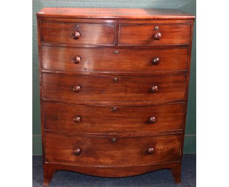 Victorian bowfront mahogany chest, with five short and four long drawers, on splayed bracket feet, 128cm x 108cm.