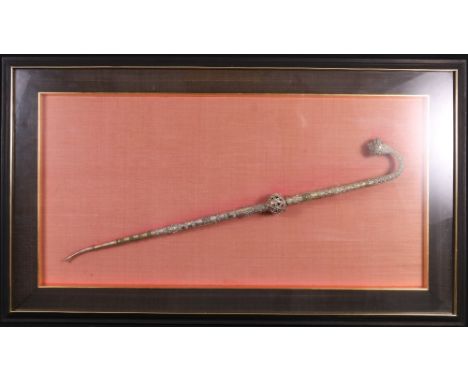 Chinese silver coloured metal and wirework opium pipe with decorative flowerheads and banding, the pipe 62cm, box framed and 