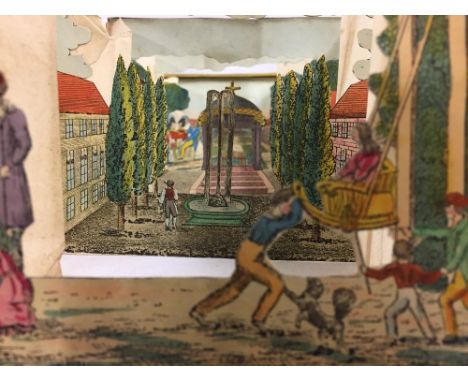 19th century peepshow with five accordion sections depicting figures in a garden landscape, single peephole through a garden 