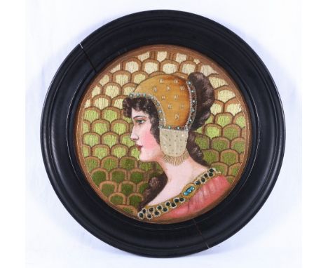 A continental circular embroidered portrait of a girl in Arts & Crafts style wearing a velvet and silk bonnet with turquoise 