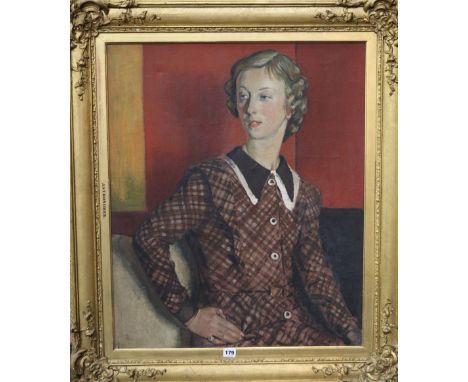H R H WOOLFORD (BRITISH, 20TH CENTURY) Three quarter length portrait of a seated womanSigned, oil on canvas, 74cm x 61cm