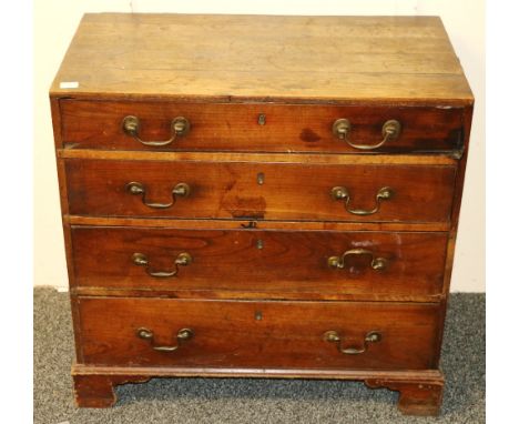 19th century pine chest of four long graduated drawers raised upon bracket feet, 75cm wide, 73cm tall, 41cm deep.