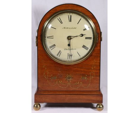 A Victorian gilt decorated mahogany mantel clock, the Roman enamel dial marked Martin & Baskett Cheltenham, with engraved bac