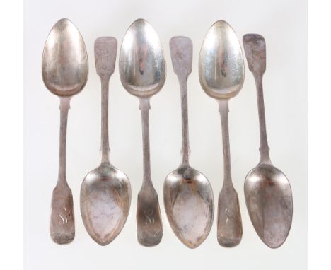 Set of six George III silver  fiddle pattern spoons, engraved initial S, 228g, London 1811, makers WF, perhaps William Fearn.