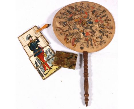 Interesting 19th century fan or face shield constructed of hand coloured cut printed comic figures on a circle of cardboard, 