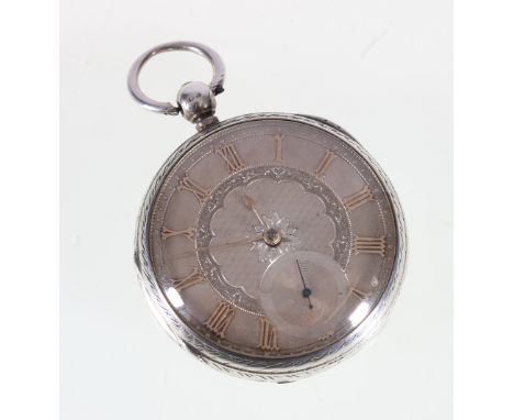 Victorian silver cased open face key winding pocket watch with engraved silver dial and Roman numeral chapter ring, Chester 1