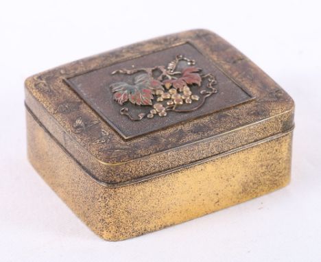 Japanese patinated silver box, the lid panel decorated with fruiting vines in enamel and metals with an incised border of but