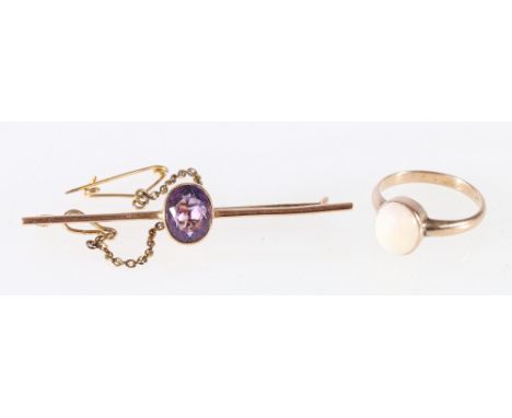 15ct yellow gold bar brooch set with faceted oval amethyst, 4g, 5.5cm long and an unhallmarked opal cluster ring. (2)   CONDI