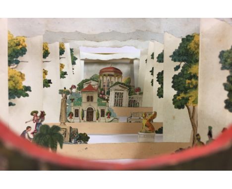 Unusual 19th century peepshow of Prague with seven hand coloured accordion scenes, each with moveable objects or people, orig