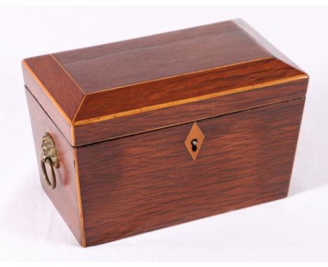 19th century oak tea caddy with boxwood inlay, cushioned hinge lid opening to reveal two division interior, lion mask handles