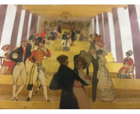 Unusual 19th century peepshow with hand coloured images of figures in a ballroom scene, eight accordion sections and single g